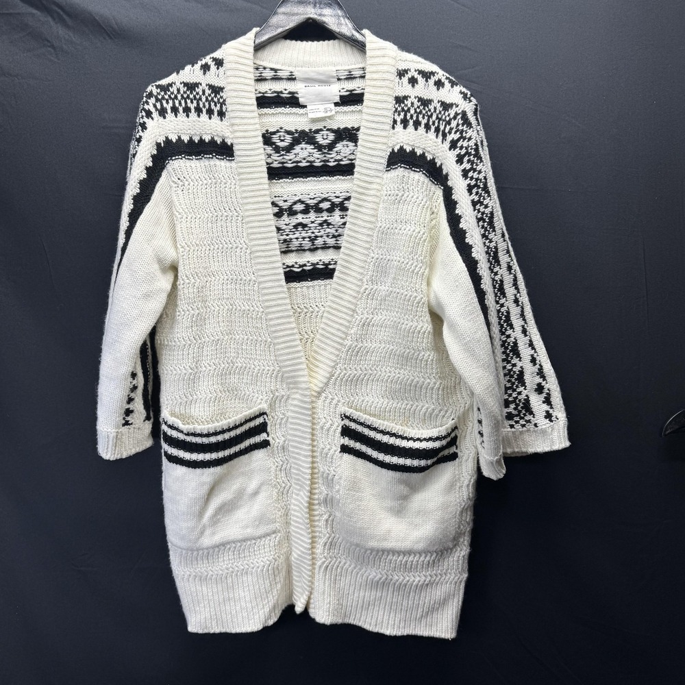Basic House Sweater Womens XS White Black Long‎ Cardigan Open Knit Pockets